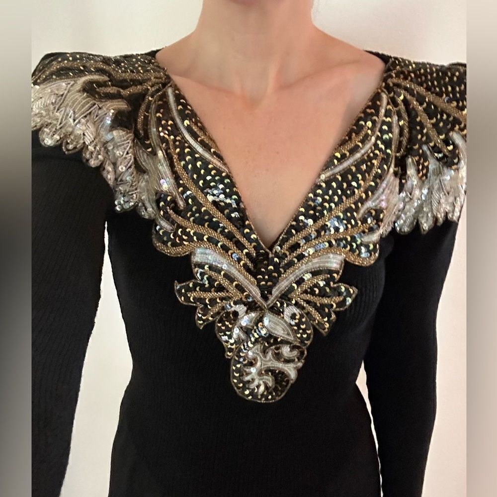 Pat Sandler  Wellmore Saks Fifth Ave knitting sweater beaded embellished dress 8